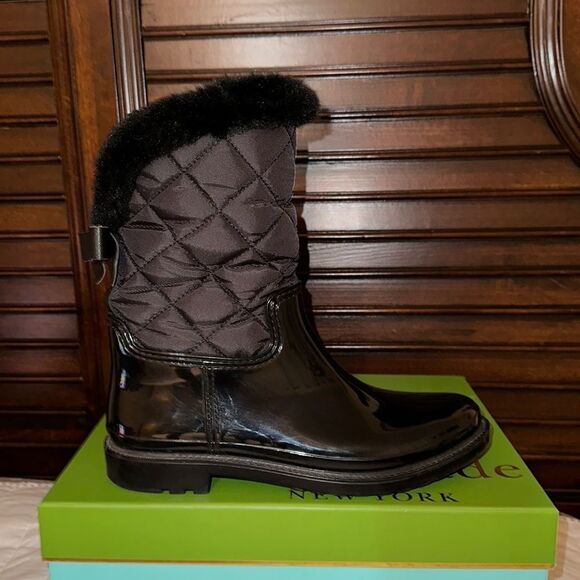 Kate Spade 9M Black Rubber Fleece Faux Fur Lined Rain Winter Pull-On Boots - Picture 2 of 15